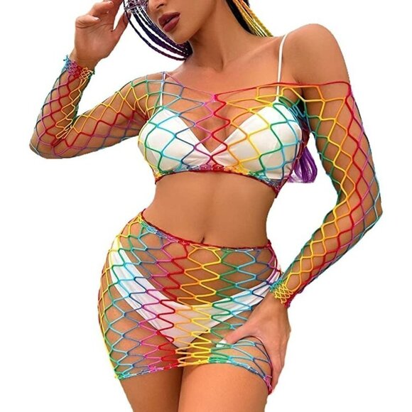 𝅺🌈 Rainbow Fishnet Stockings Mesh Lingerie Bodysuit BDSM Bondage Cosplay NWT - Picture 3 of 5